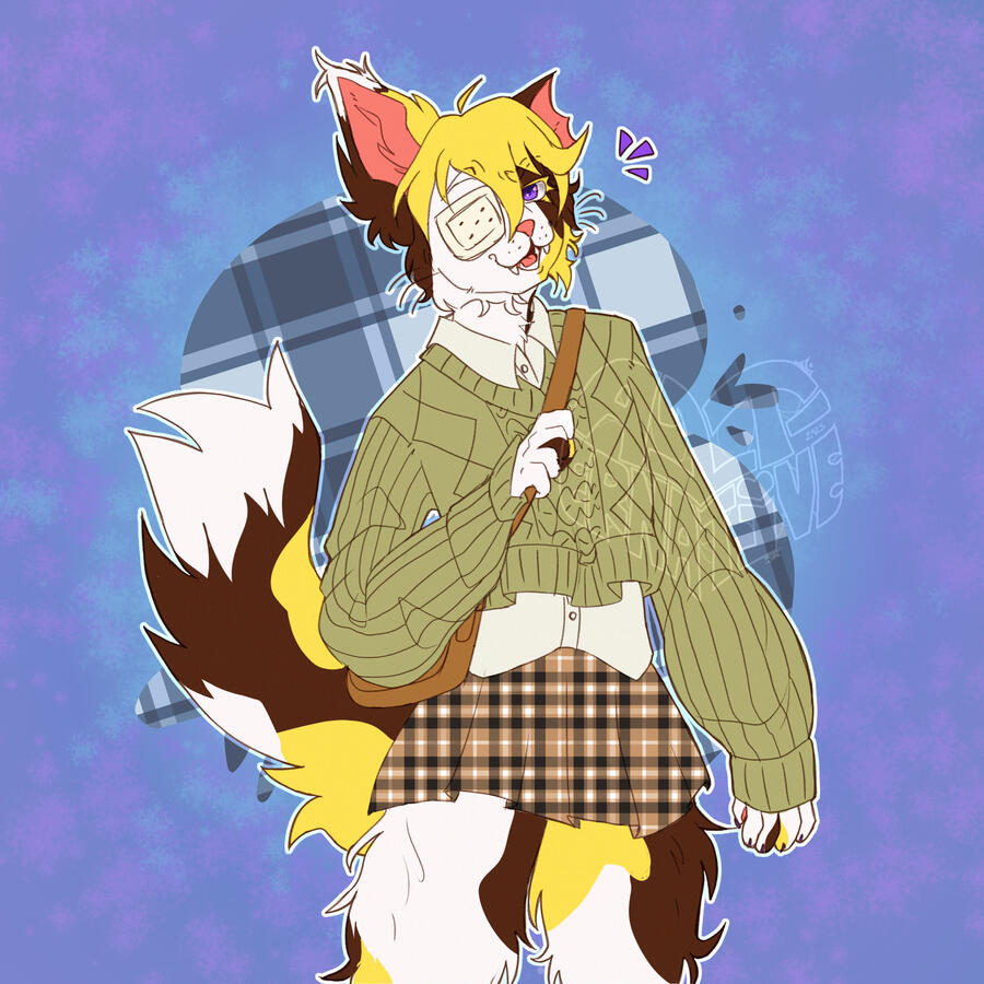Digital illustration of an anthro cat named "Doyle". He's leaning towards the camera with a snarky almost as if laughing. Doyle is wearing a green sweater, a white button up shirt and an orange gingham skirt.