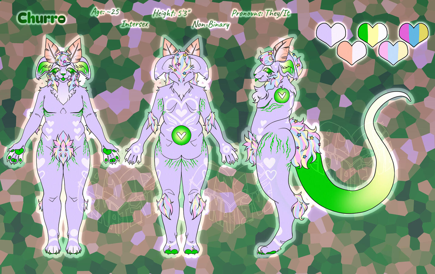 Ref sheet for my fursona Churro, an irradiated cat like creature with a long rat tail and moth antennae. Its skin and inner body glows a radioactive green.