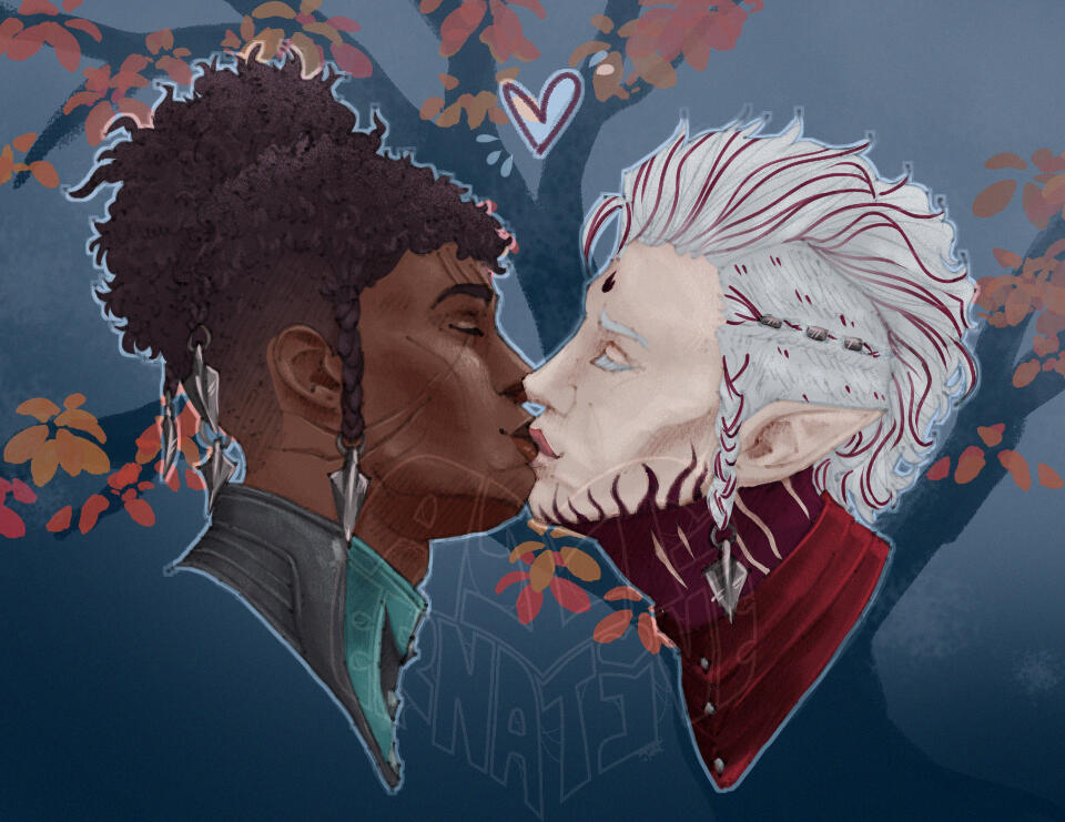 A rendered sketch of Astarion and Wyll Ravengard from BG3 kissing softly. Both have modded cosmetics bc I love to mod my game UwU