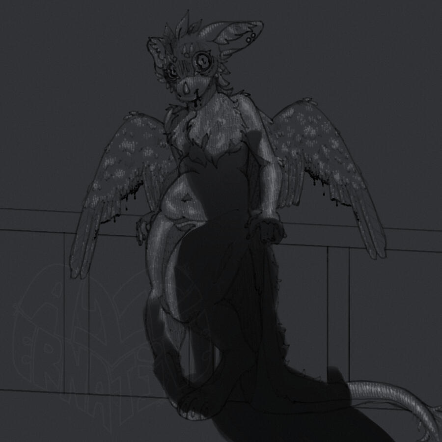 A black and white sketch of my fursona Peppermint. She has a bloodied nose and clipped wings, looking terrified up against a fence. A shadow looms over them of another anthro, though they're off camera.