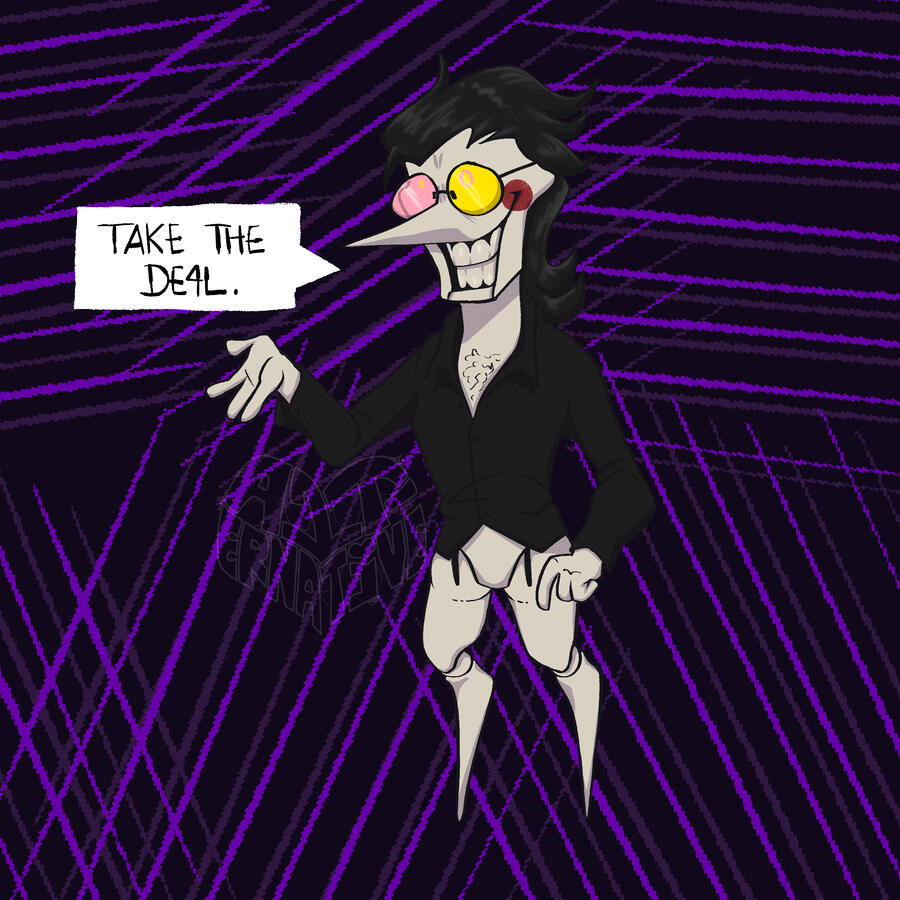 A digital illustration of Spamton from Deltarune chapter 2 saying "TAKE THE DE4L." He's wearing a black dress shirt that's slightly unbuttoned and no pants, which shows his ball jointed hips and legs. He looks desperate.