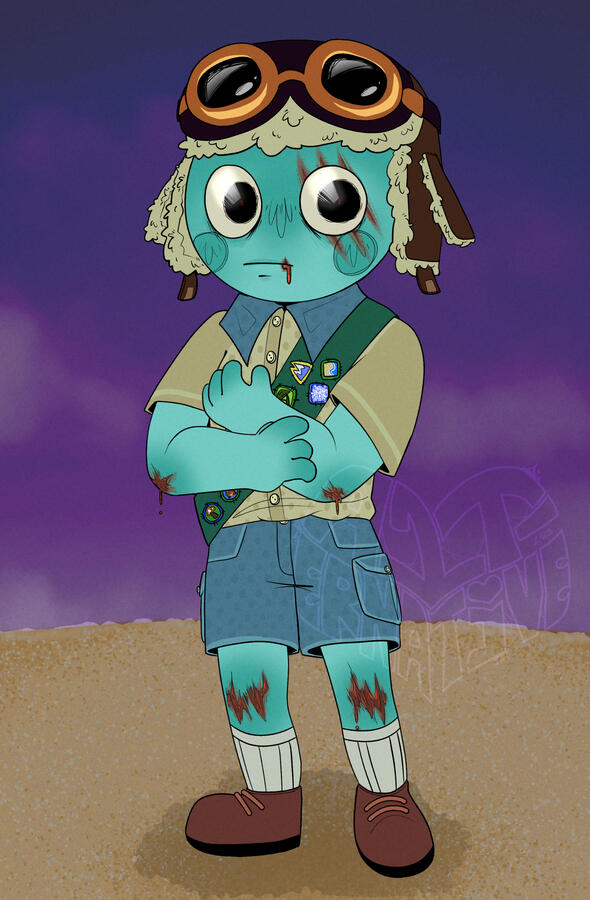 A teal PEAK character wearing an aviator hat and goggles, beige and blue scout clothes, long socks, little brown boots, and a green sash with many badges sewn on. Their elbows, knees and lip are all injured. A claw scar crosses over one eye.
